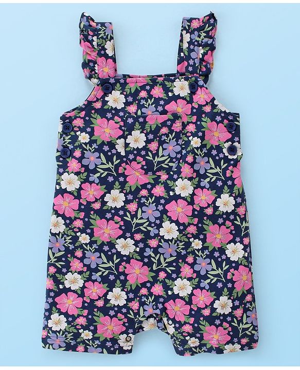 Babyhug 100% Cotton Knit Half Sleeves Polka Dot Print T-Shirt & Dungaree Set Floral Print - White & Blue