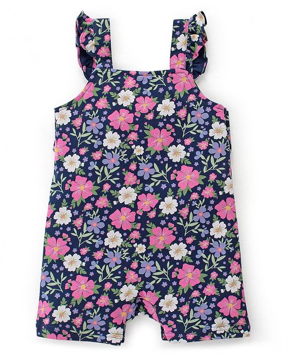 Babyhug 100% Cotton Knit Half Sleeves Polka Dot Print T-Shirt & Dungaree Set Floral Print - White & Blue