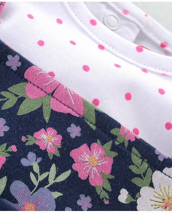 Babyhug 100% Cotton Knit Half Sleeves Polka Dot Print T-Shirt & Dungaree Set Floral Print - White & Blue