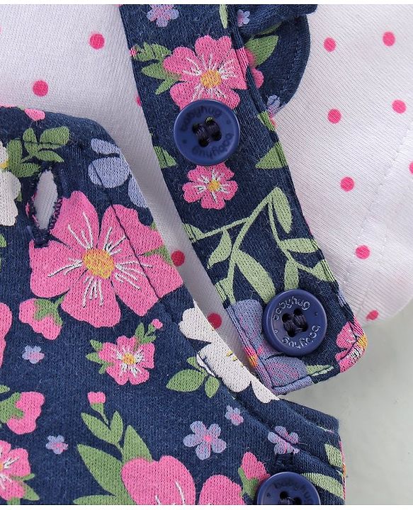 Babyhug 100% Cotton Knit Half Sleeves Polka Dot Print T-Shirt & Dungaree Set Floral Print - White & Blue