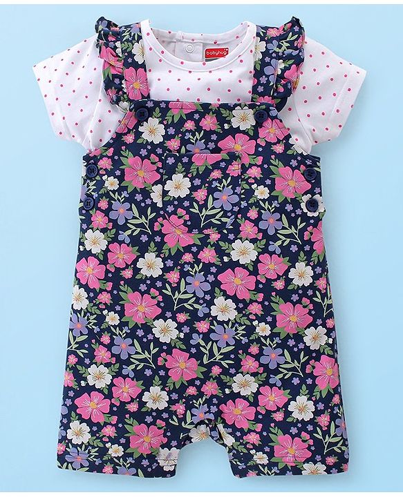 Babyhug 100% Cotton Knit Half Sleeves Polka Dot Print T-Shirt & Dungaree Set Floral Print - White & Blue