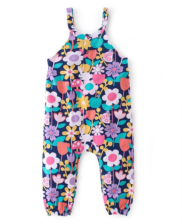 Babyhug Cotton Knit Floral Printed Dungaree with Full Sleeves Inner Tee - Yellow & Blue