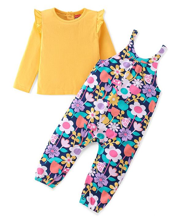 Babyhug Cotton Knit Floral Printed Dungaree with Full Sleeves Inner Tee - Yellow & Blue
