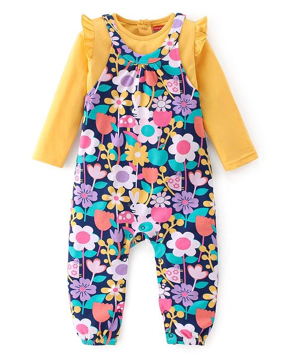 Babyhug Cotton Knit Floral Printed Dungaree with Full Sleeves Inner Tee - Yellow & Blue