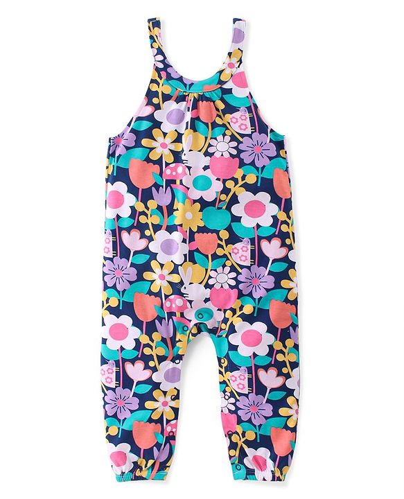 Babyhug Cotton Knit Floral Printed Dungaree with Full Sleeves Inner Tee - Yellow & Blue