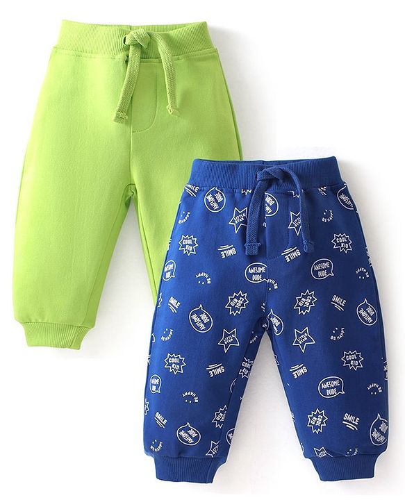 Babyhug Cotton Full Length Lounge and Track Pants Solid & Text Print  Pack of 2 - Blue & Green