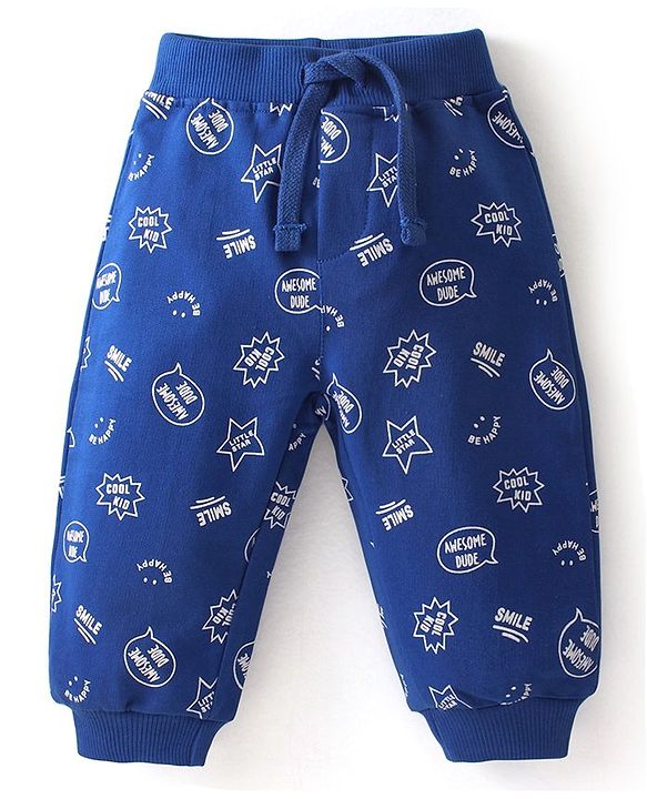 Babyhug Cotton Full Length Lounge and Track Pants Solid & Text Print  Pack of 2 - Blue & Green
