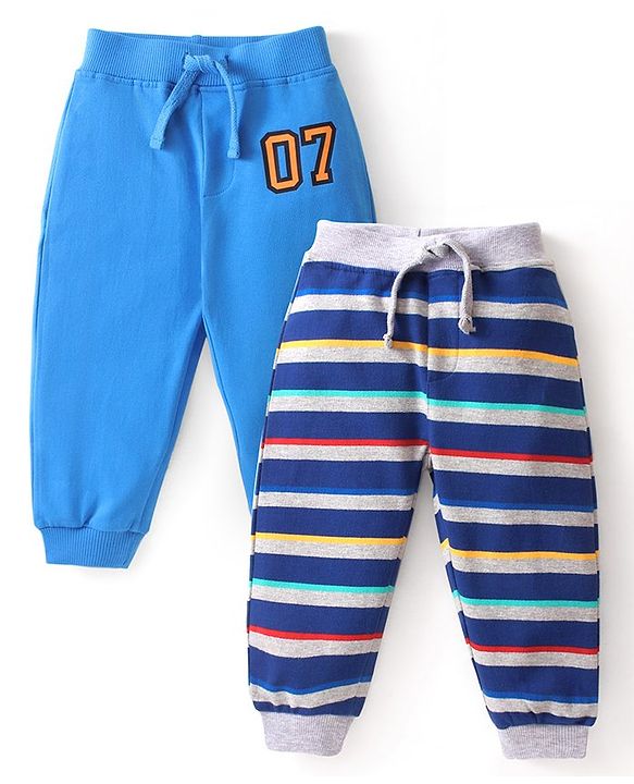 Babyhug Cotton Knit Full Length Lounge Pant Stripe Design Pack of 2- Blue