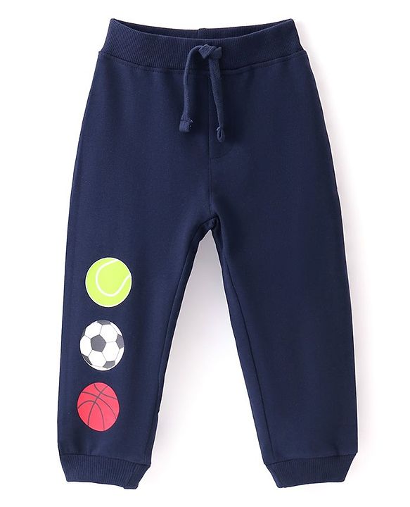 Babyhug Cotton Looper Knit Full Length Track Pant Basketball Print - Navy Blue