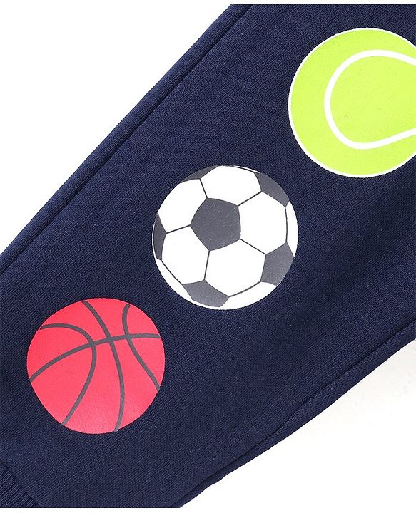 Babyhug Cotton Looper Knit Full Length Track Pant Basketball Print - Navy Blue
