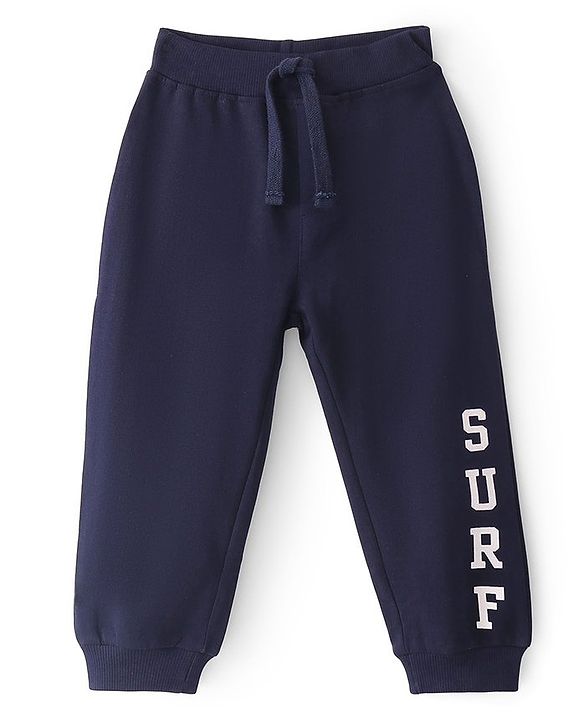 Babyhug Cotton Looper Knit Full Length Lounge Pants With Text Print - Navy Blue