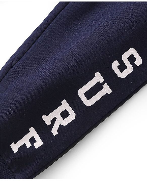 Babyhug Cotton Looper Knit Full Length Lounge Pants With Text Print - Navy Blue