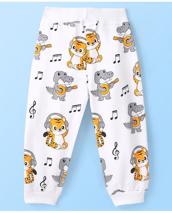Babyhug Cotton Looper Full Length Lounge Pant With Animals Print - White Grey & Yellow