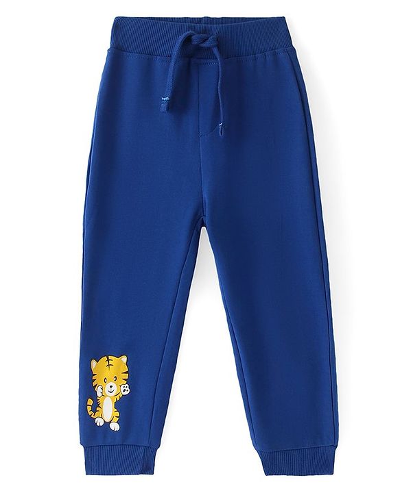 Babyhug Cotton Knit Full Length Lounge Pant with Baby Tiger Print - Blue