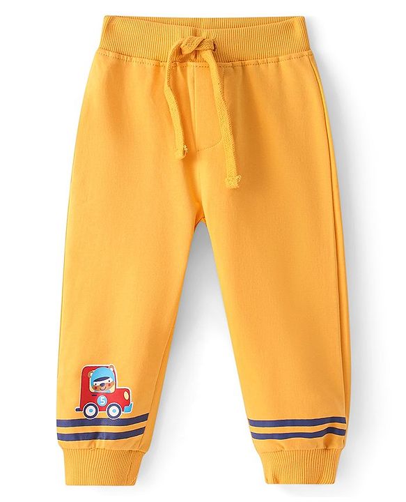 Babyhug Cotton Looper Knit Jogger Fit Full Length Track Pant With Car Print - Yellow