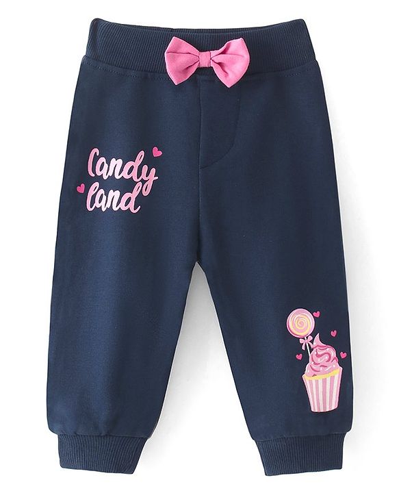 Babyhug Cotton Knit Full Length  Lounge and Track Pant with Icecream Print and a Bow - NavyBlue