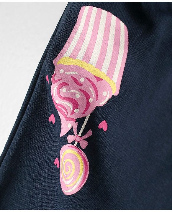 Babyhug Cotton Knit Full Length  Lounge and Track Pant with Icecream Print and a Bow - NavyBlue