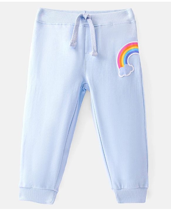 Babyhug Cotton Knit  Full Length Lounge Pant with Rainbow Patch - Blue