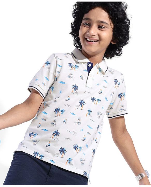 Pine Kids Knit Half Sleeves Printed T-Shirt with Beach  Print- Snow White