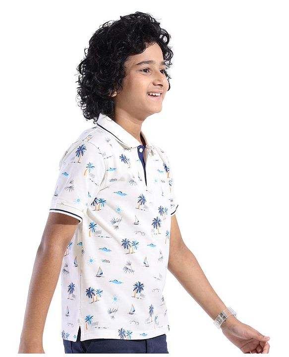 Pine Kids Knit Half Sleeves Printed T-Shirt with Beach  Print- Snow White
