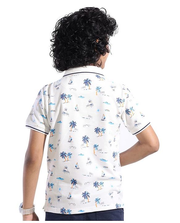Pine Kids Knit Half Sleeves Printed T-Shirt with Beach  Print- Snow White