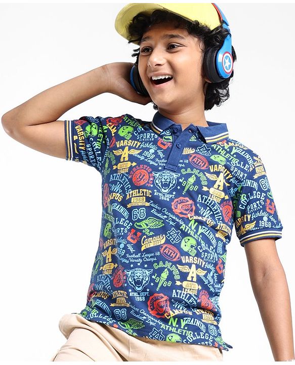 Pine Kids Cotton Knit Half Sleeves Polo T-Shirt Text Print - Set Sail