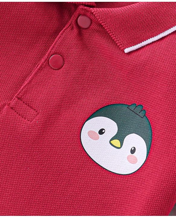 Babyhug 100% Cotton Knit Half Sleeves Romper Penguin Print - Red