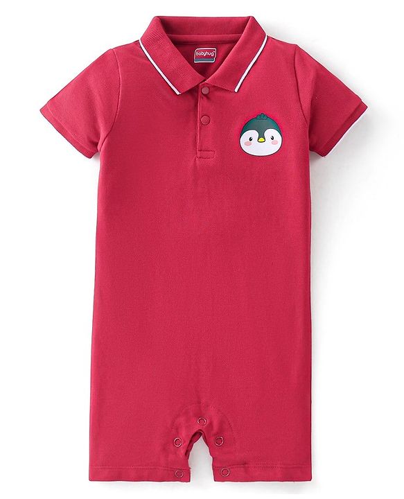Babyhug 100% Cotton Knit Half Sleeves Romper Penguin Print - Red