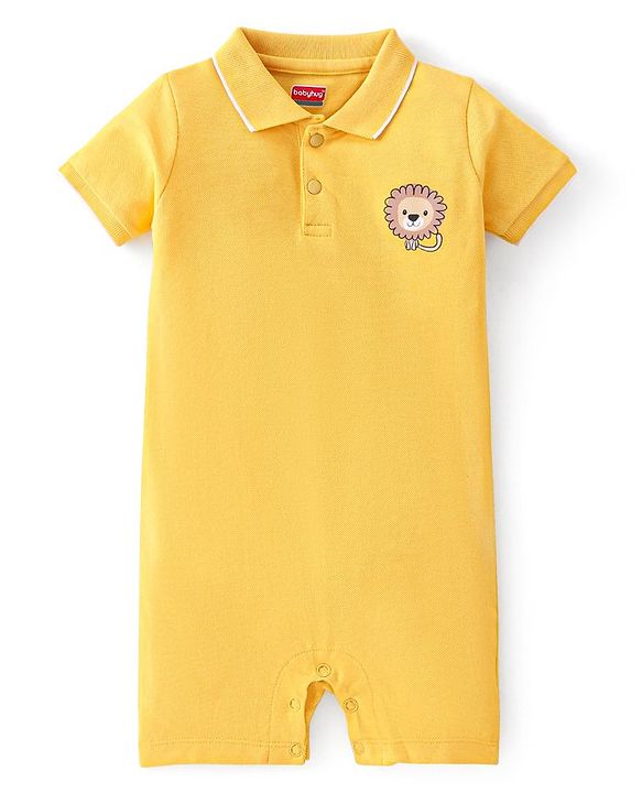 Babyhug 100% Cotton Knit Half Sleeves Romper Lion Print - Yellow