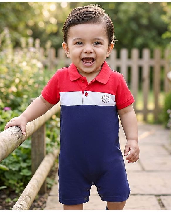 Babyhug 100% Cotton Knit Interlock Half Sleeves Romper With Text Print - White Red & Navy Blue