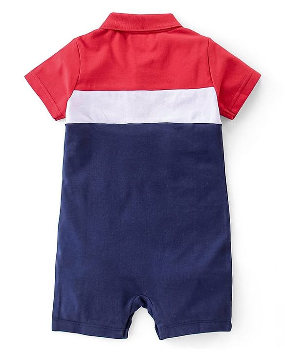 Babyhug 100% Cotton Knit Interlock Half Sleeves Romper With Text Print - White Red & Navy Blue
