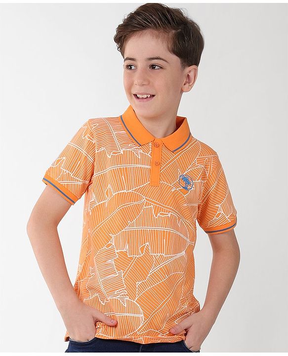 Pine Kids Cotton Knit Half Sleeves Polo T-Shirts Leaf Print - Blazing Orange