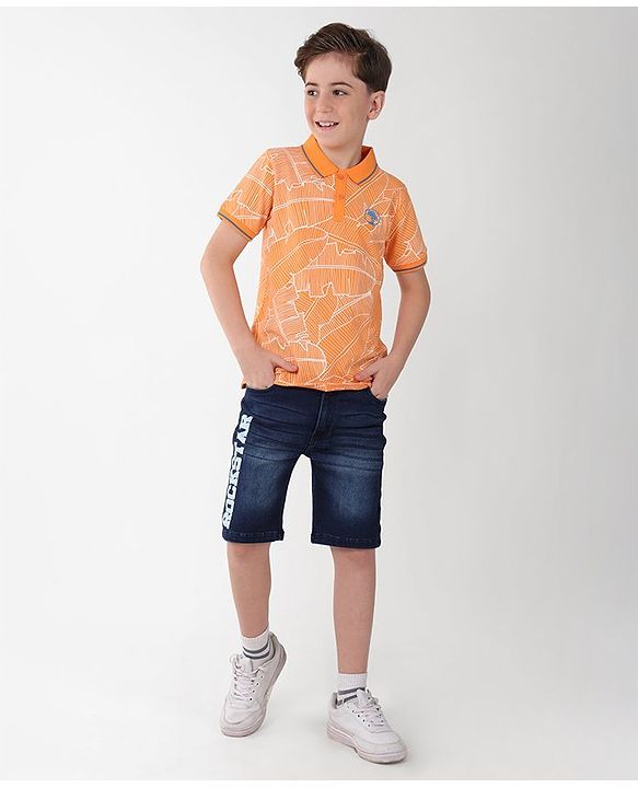 Pine Kids Cotton Knit Half Sleeves Polo T-Shirts Leaf Print - Blazing Orange