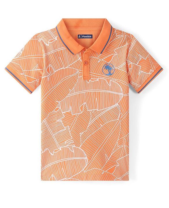 Pine Kids Cotton Knit Half Sleeves Polo T-Shirts Leaf Print - Blazing Orange