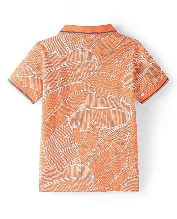Pine Kids Cotton Knit Half Sleeves Polo T-Shirts Leaf Print - Blazing Orange