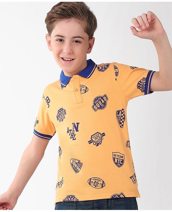Pine Kids Cotton Knit Half Sleeves Polo T-Shirt Sports Theme Print - Orange