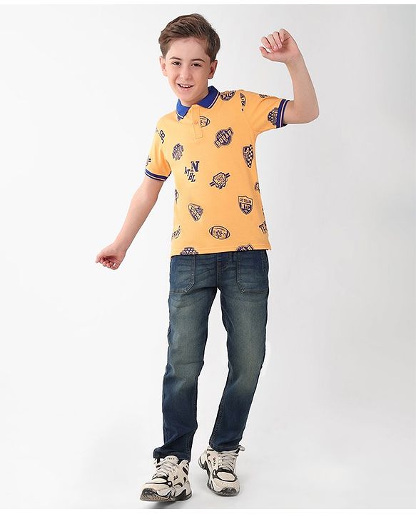 Pine Kids Cotton Knit Half Sleeves Polo T-Shirt Sports Theme Print - Orange