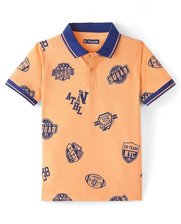 Pine Kids Cotton Knit Half Sleeves Polo T-Shirt Sports Theme Print - Orange