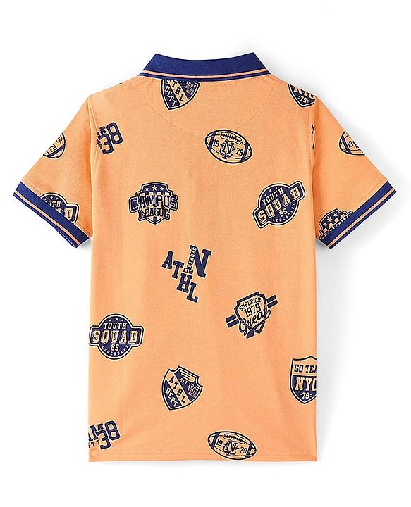 Pine Kids Cotton Knit Half Sleeves Polo T-Shirt Sports Theme Print - Orange