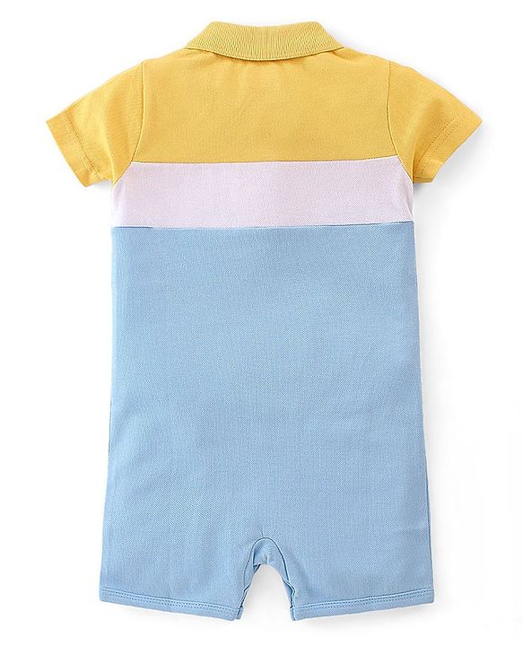 Babyhug 100% Cotton Knit Half Sleeves Solid Colour Cut & Sew Romper - Blue & Yellow
