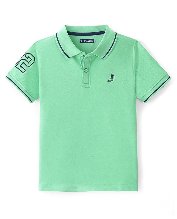 Pine Kids Cotton Knit Half Sleeves Polo T-Shirt Boat & No. 32 Embroidery - Spring Bud