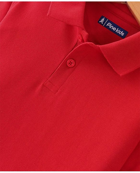 Pine Kids Cotton Knit Half Sleeves Polo T-Shirt With Solid Colour - Red