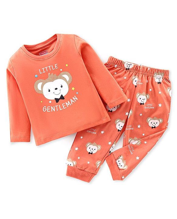 Babyhug Cotton Knit Full Sleeves Night Suit With Monkey Print - Orange