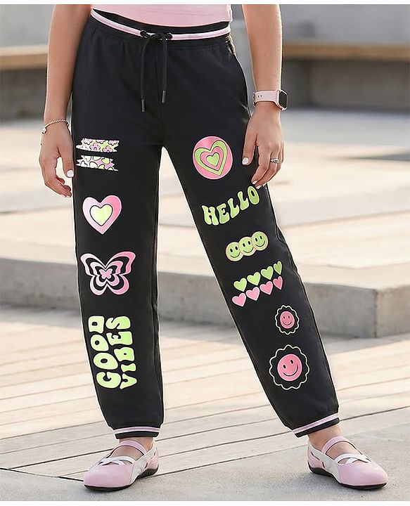 Pine Kids Cotton Terry Full Length Lounge Pant Good Vibes Printed - Jet Black