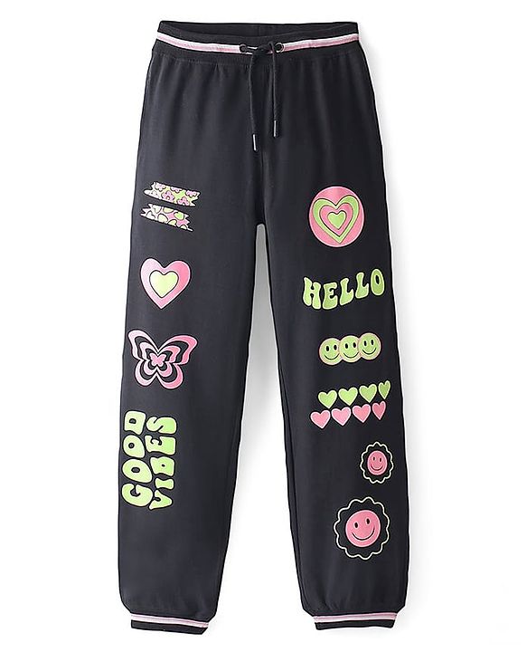 Pine Kids Cotton Terry Full Length Lounge Pant Good Vibes Printed - Jet Black