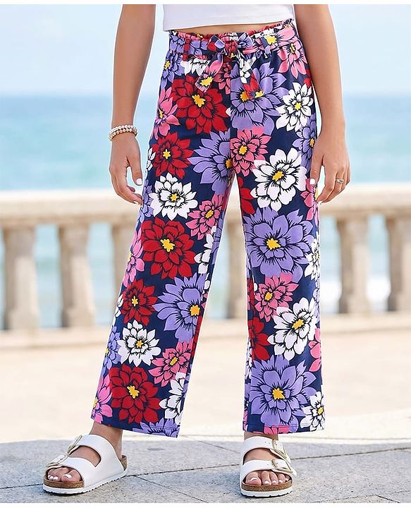 Pine Kids Terry Cotton Knit Full Length Lounge Pants with Floral Print- Acai