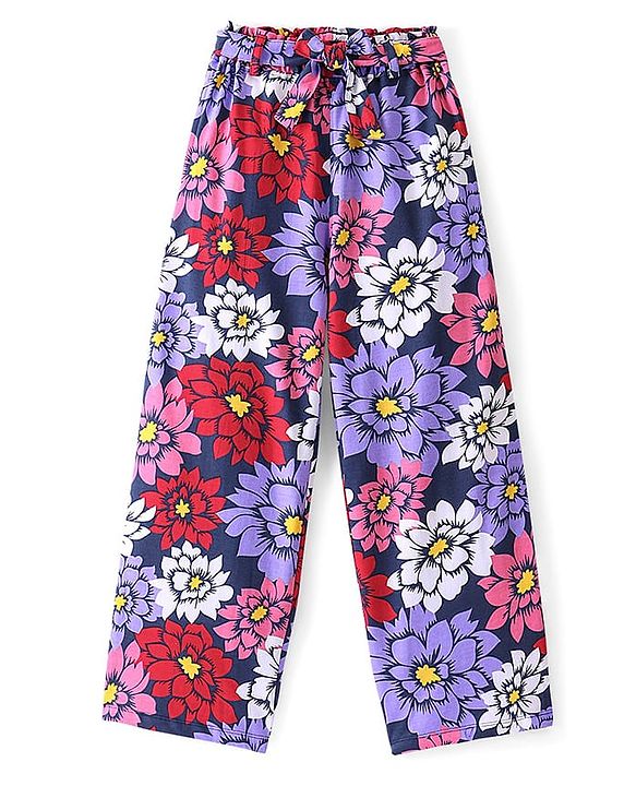 Pine Kids Terry Cotton Knit Full Length Lounge Pants with Floral Print- Acai