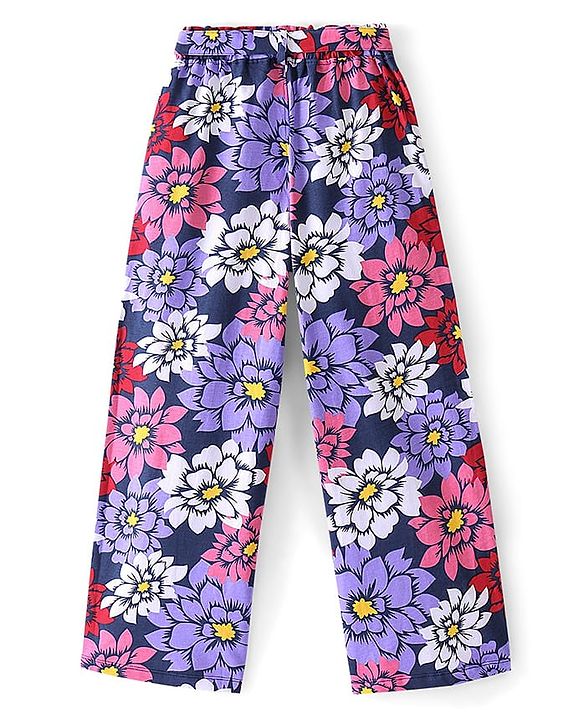 Pine Kids Terry Cotton Knit Full Length Lounge Pants with Floral Print- Acai