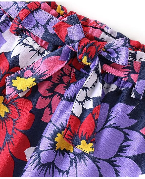 Pine Kids Terry Cotton Knit Full Length Lounge Pants with Floral Print- Acai