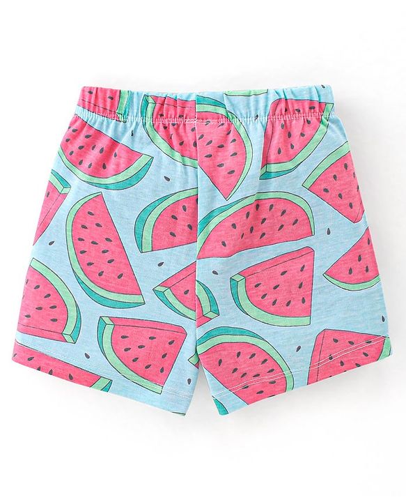Babyhug Cotton Knit Half Sleeves Night Suit Melon Print - Blue & Pink